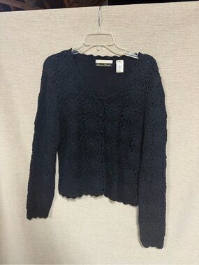 Dana Scott Black Crochet Button-Front Cardigan Sweater